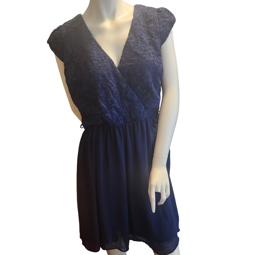 Y2k Mystic Navy Blue Lace Chiffon V-Neck Cocktail Dress Cap Sleeve Mini